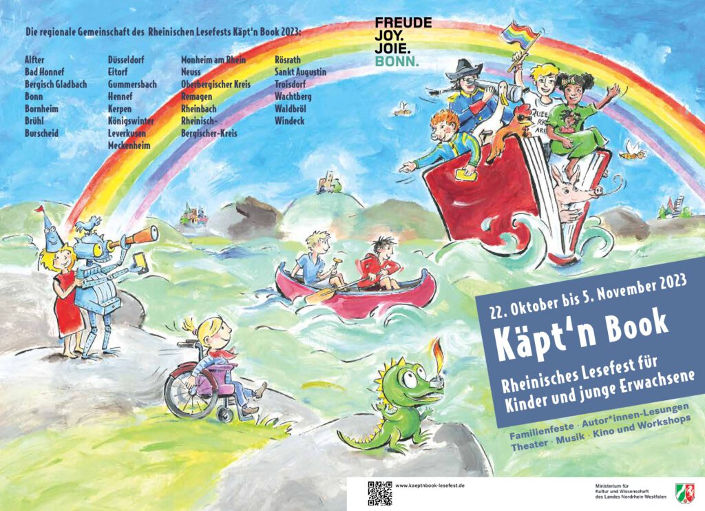 Plakat von Käpt'n Book. Rheinisches Lesefest für Kinder und junge Erwachsene. Ein gezeichnetes Bild mit einem Buch als Schiff auf einem Meer. Am Ufer sind ein Drache, ein Kind im Rollstuhl und Ritter Rost zu sehen.