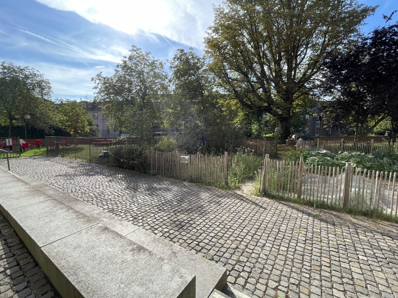 Foto: Der Lesegarten der Stadtbibliothek. Im Vordergrund Treppenstufen, im Hintergrund der Garten.